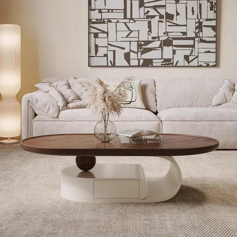 Coffee Table，SideTable，Antique Style Tea Table， Minimalist Round Curved Edge Modern Retro Living Room Walnut Colour