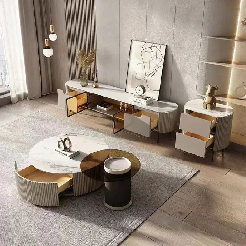 Coffee Table set living room round combination rock panel coffee table living room tempered glass TV cabinet creative furniture