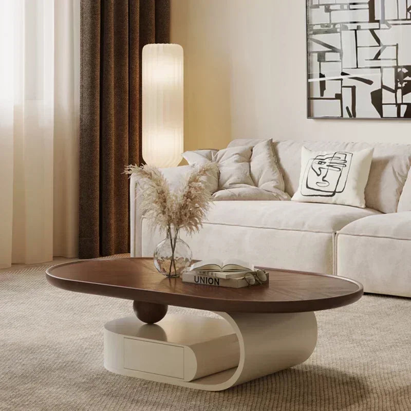 Coffee Table，SideTable，Antique Style Tea Table， Minimalist Round Curved Edge Modern Retro Living Room Walnut Colour